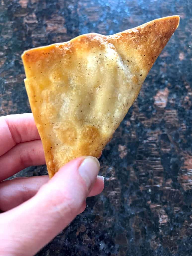 Close-up hand of Melanie Mendelson from melaniecooks.com holding a golden, crispy Buffalo Style Chicken Popper, showing its air-fried texture.