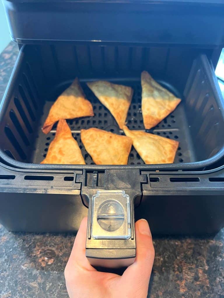 Melanie Mendelson from melaniecooks.com pulling out an air fryer basket filled with golden, crispy Buffalo Style Chicken Poppers, freshly cooked and ready to serve.