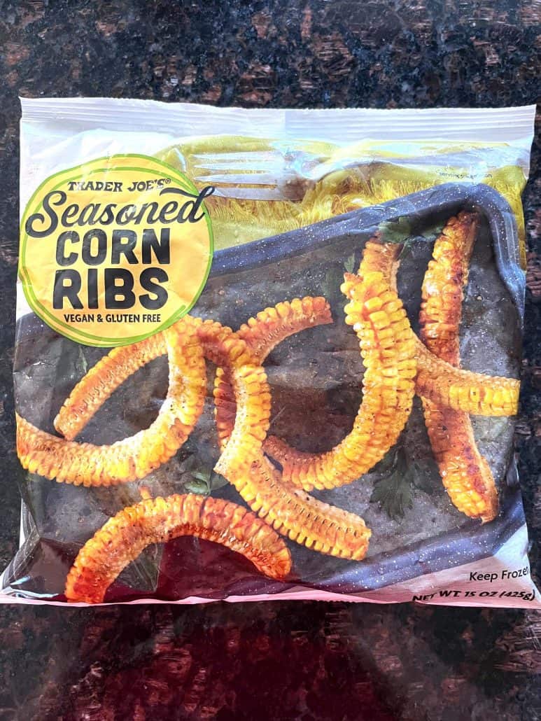 Trader Joe's Seasoned Corn Ribs frozen package, perfect for quick air fryer cooking.