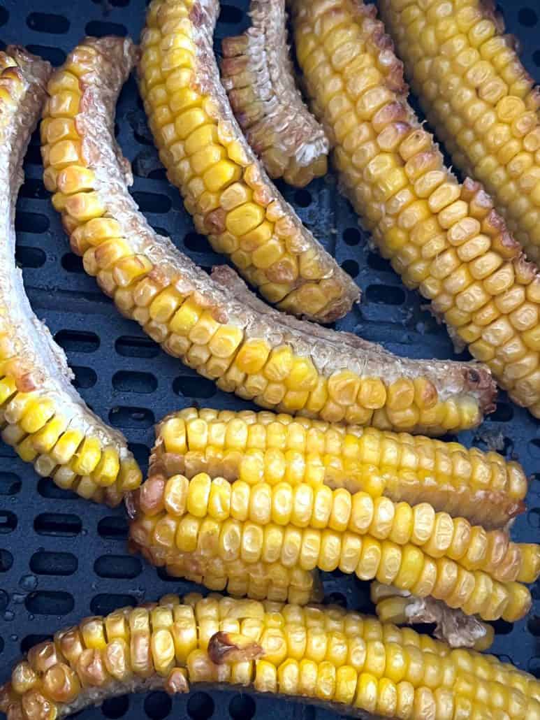 Close-up of crispy, seasoned corn ribs cooked to perfection in the air fryer.