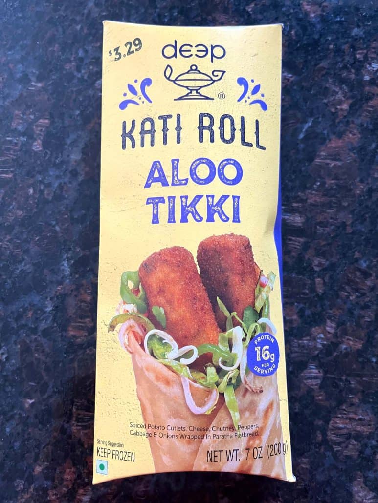 Packaging of frozen Kati Roll Aloo Tikki, the main ingredient for a quick and flavorful air fryer recipe.