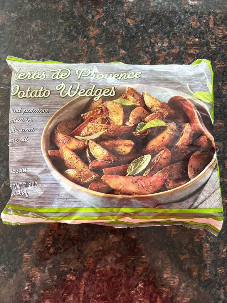 Package of Trader Joe's frozen potato wedges, perfect for cooking in the air fryer.