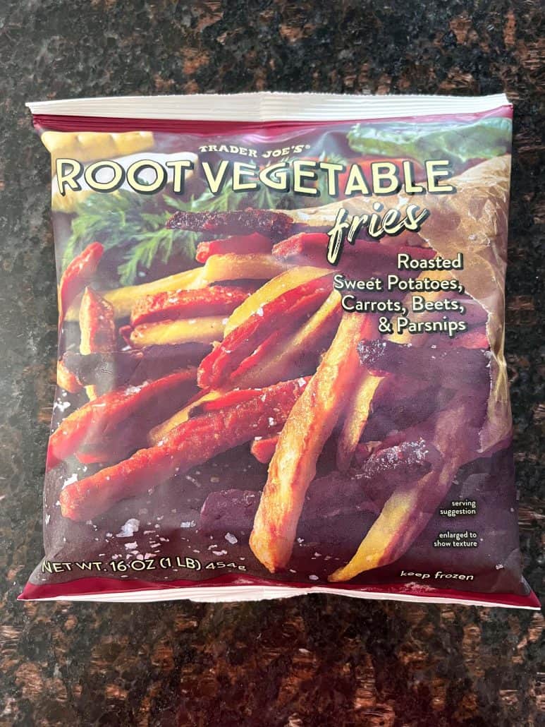 Bag of Trader Joe's Root Vegetable Fries featuring roasted sweet potatoes, carrots, beets, and parsnips.