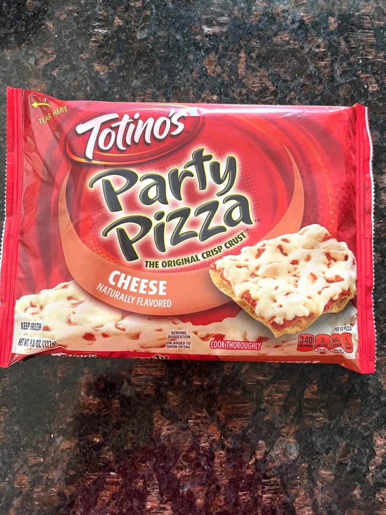 Package of Totino's Party Pizza, ready to be cooked in the air fryer.