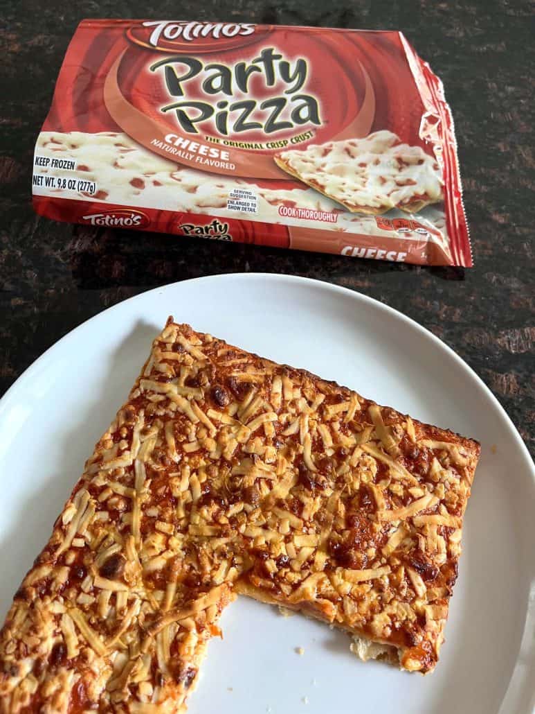 Totino's Party Pizza on a plate with packaging in the background.