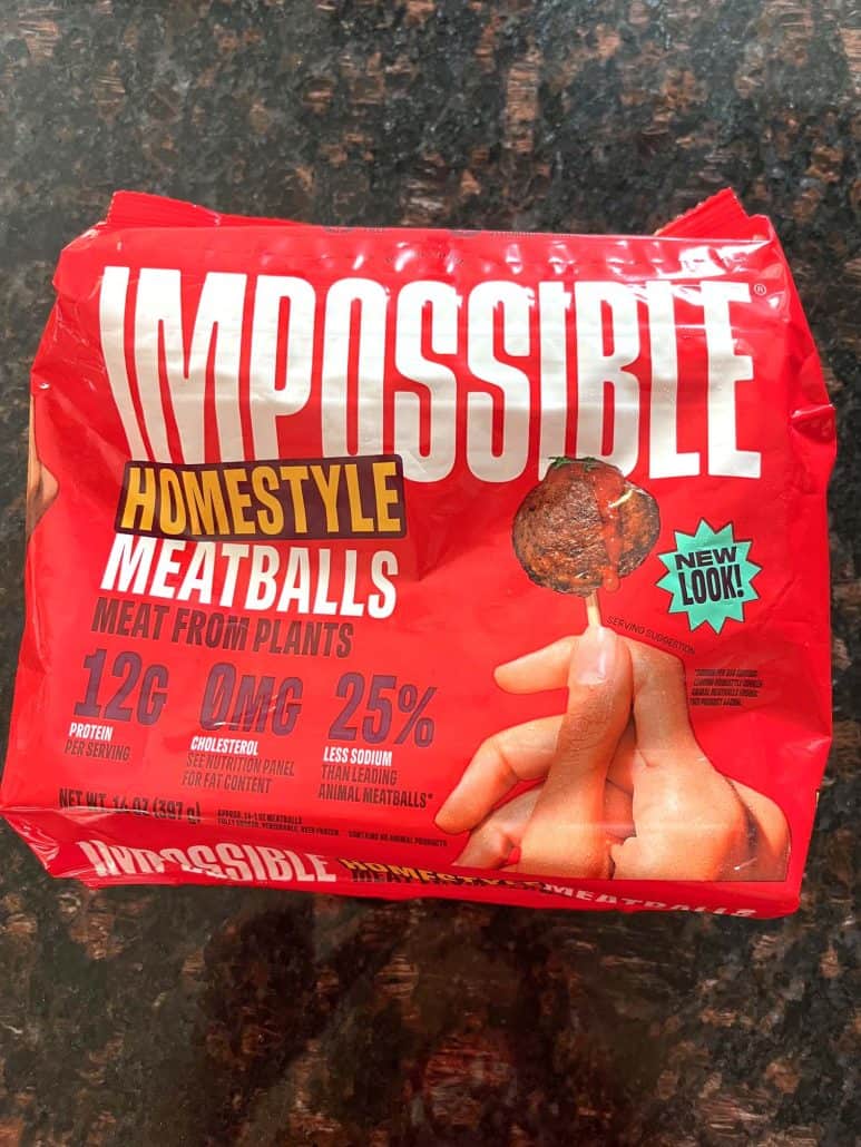 Package of Impossible Homestyle Meatballs, a plant-based meat alternative.