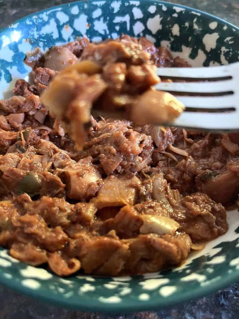 Close-up of a tender Tex-Mex jackfruit from a bowl.