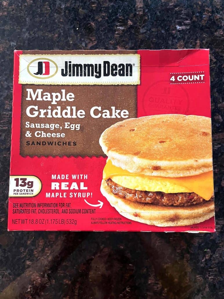 Package of Jimmy Dean Maple Griddle Cake Sausage, Egg & Cheese Sandwiches.