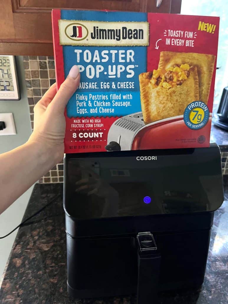 A package of Jimmy Dean toaster pop-ups above air fryer.