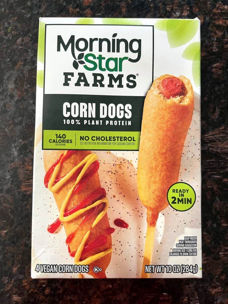 Package of MorningStar Farms vegan corn dogs, ready to be air-fried. 