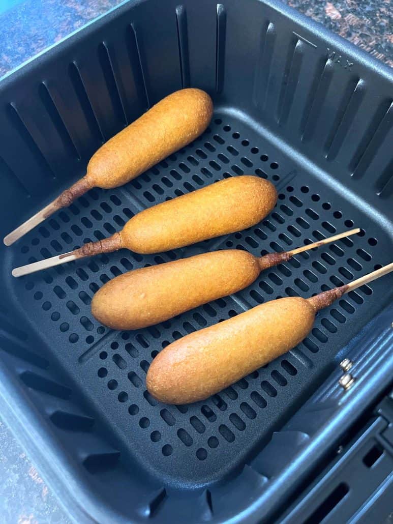 Another angle of crispy and golden vegan corn dogs. 