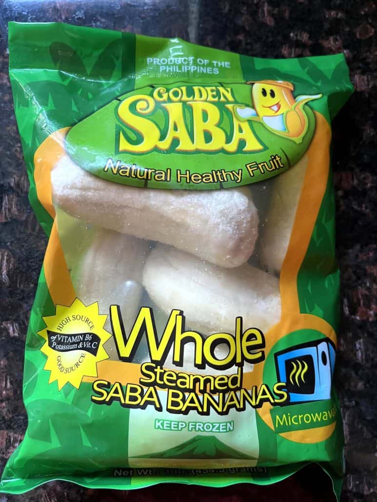 Package of frozen whole steamed Saba bananas.