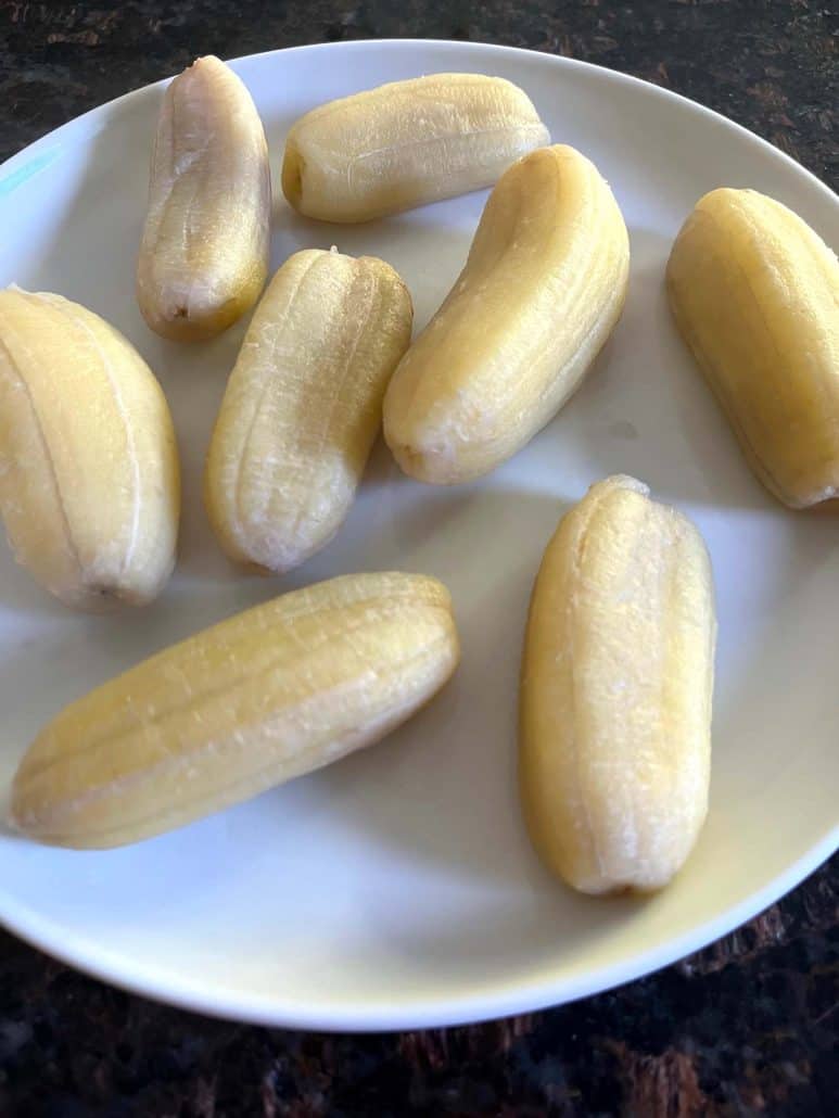 Boiled Saba bananas, showcasing their firm texture after cooking.