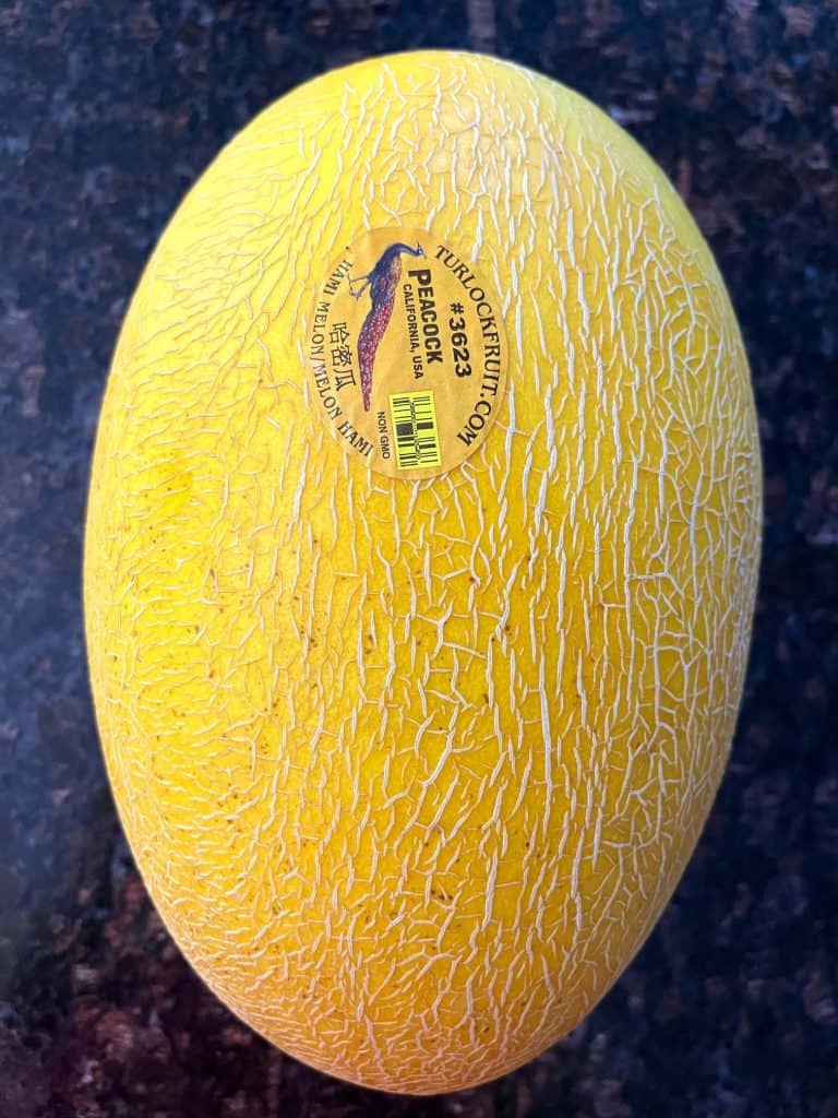 A whole Hami melon is shown resting on a countertop, with a yellow rind featuring distinct white webbing patterns.