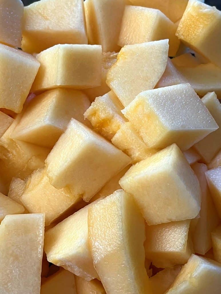 Close-up of cubed Hami melon.