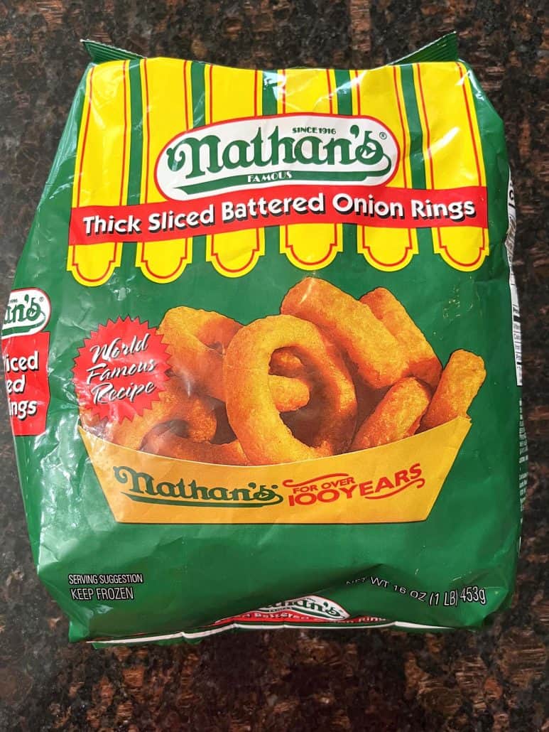 Package of Nathan’s Thick Sliced Battered Onion Rings, perfect for making crispy onion rings in the air fryer.