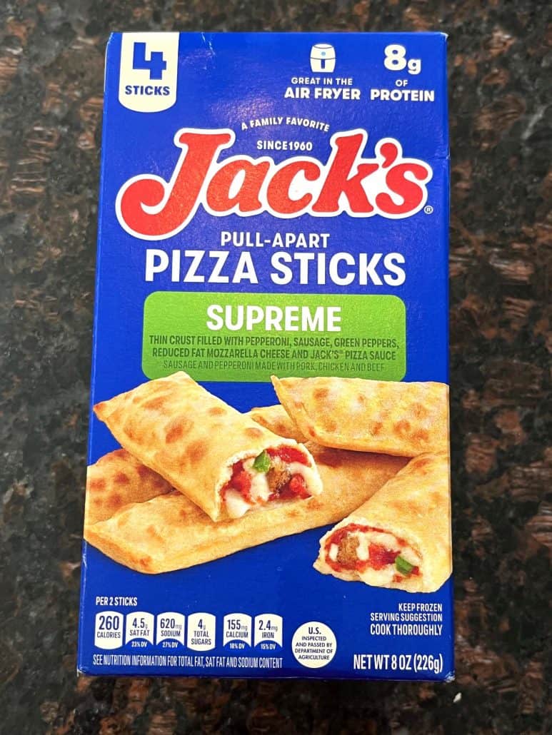 Box of Jack’s Supreme Pizza Sticks displayed on a countertop.