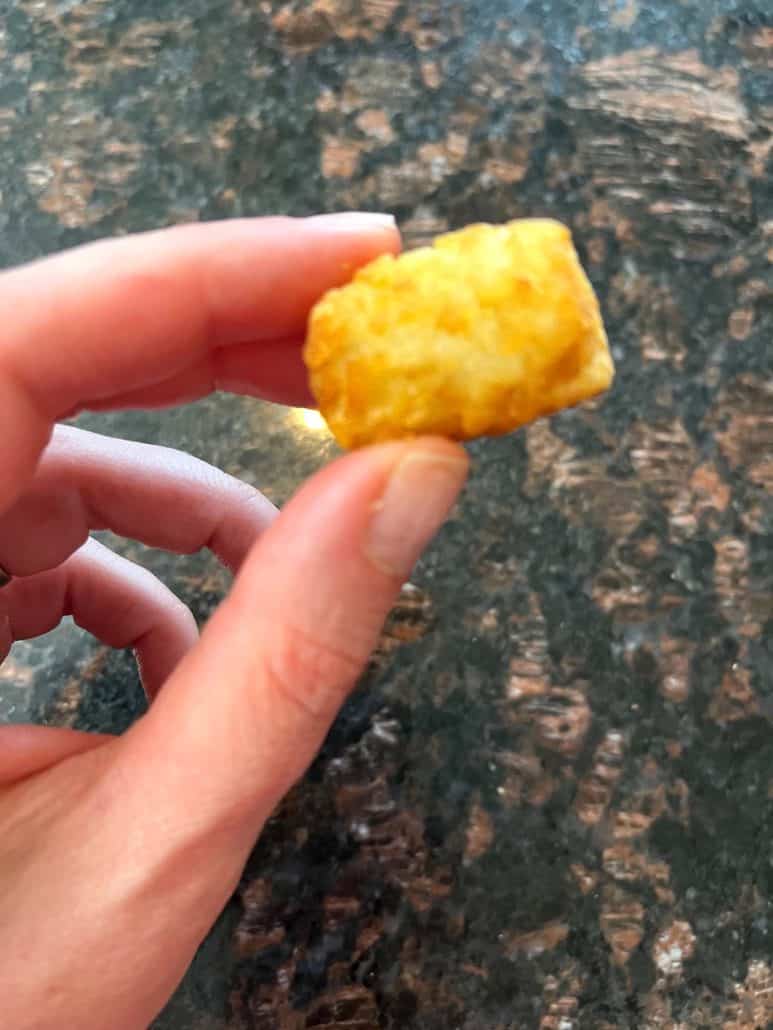 Hand of Melanie Mendelson from melaniecooks.com holding a single crispy, golden Sonic tater tot, showcasing its perfect texture.