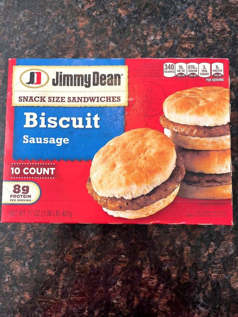 Jimmy Dean Biscuit Sausage Snack Sandwiches box placed on a kitchen countertop.