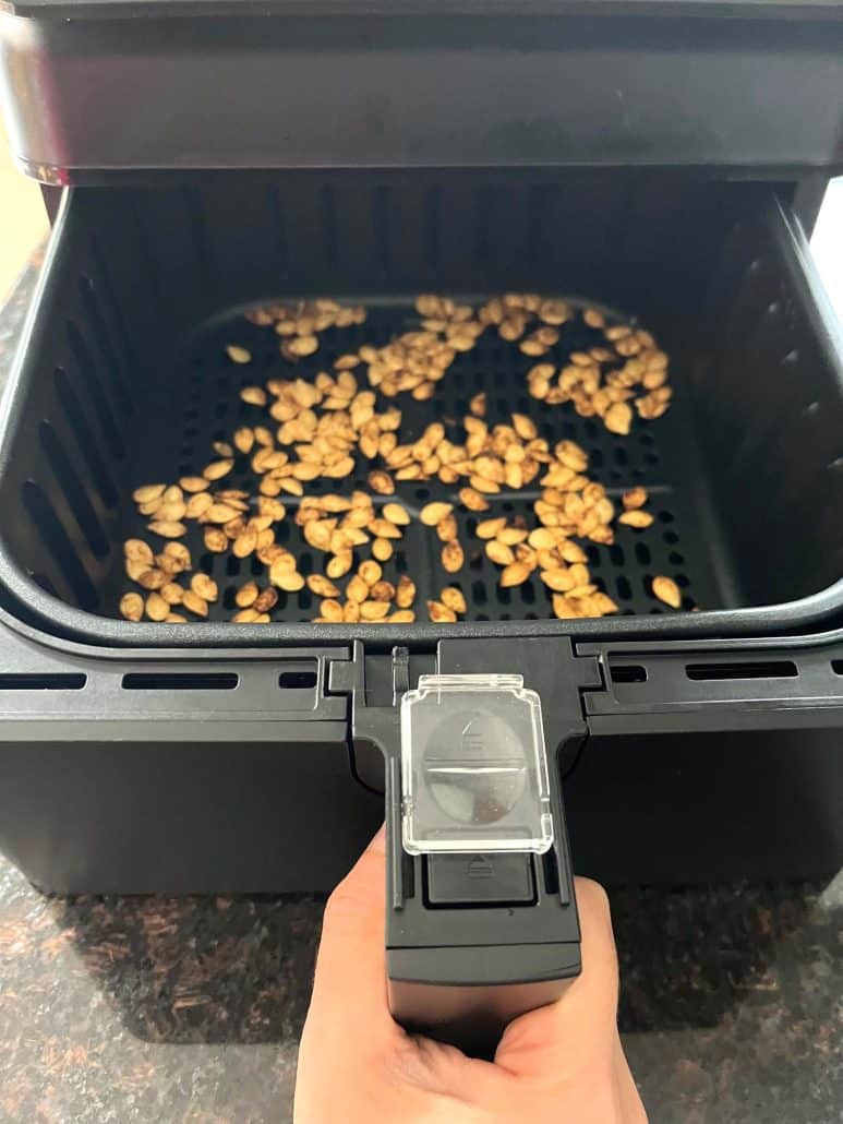 Hand of Melanie Mendelson from melaniecooks.com, holding the air fryer basket filled with golden and crispy pumpkin seed.