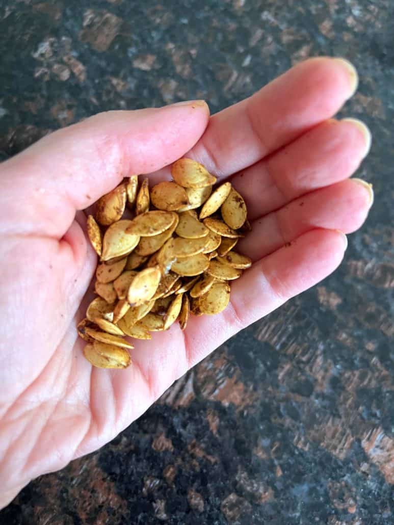 Close-up hand of Melanie Mendelson from melaniecooks.com holding a handful of golden, roasted pumpkin seeds, highlighting their crunchy texture.