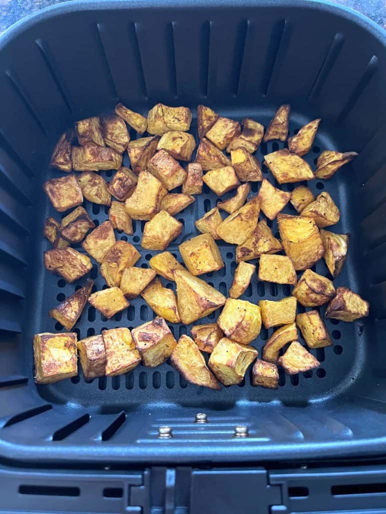 Perfectly golden-brown color and crispy texture pumpkin cubes.