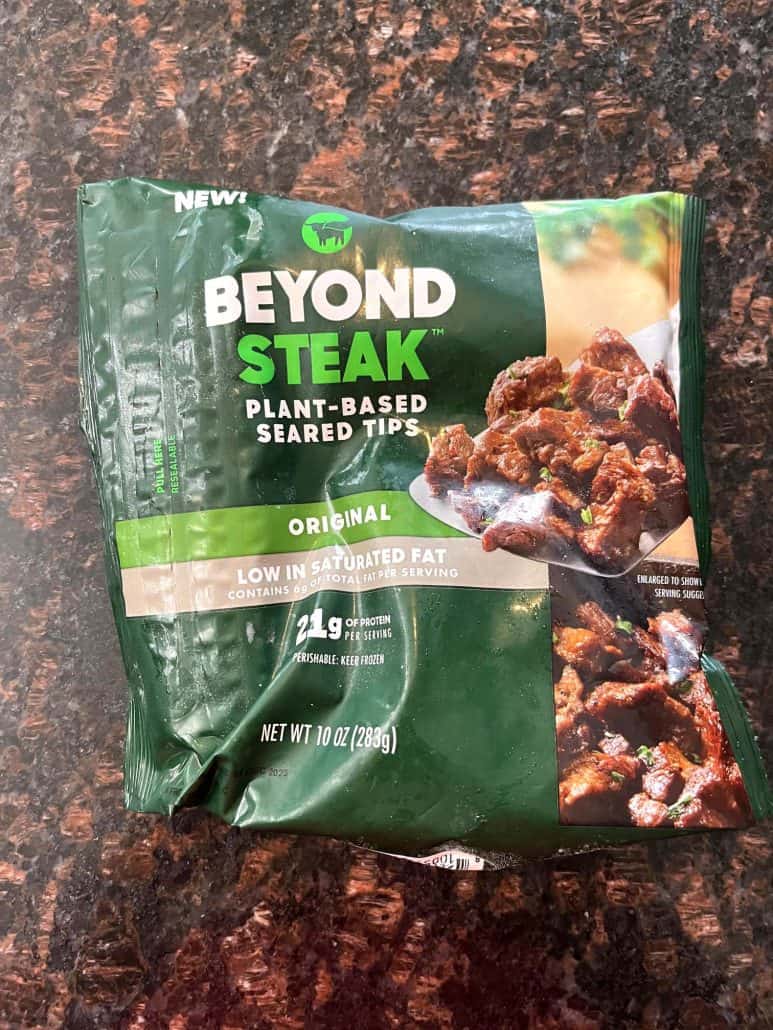 A package of Beyond Steak plant-based tips, the key ingredient for making quick and delicious vegan steak tips in the air fryer.