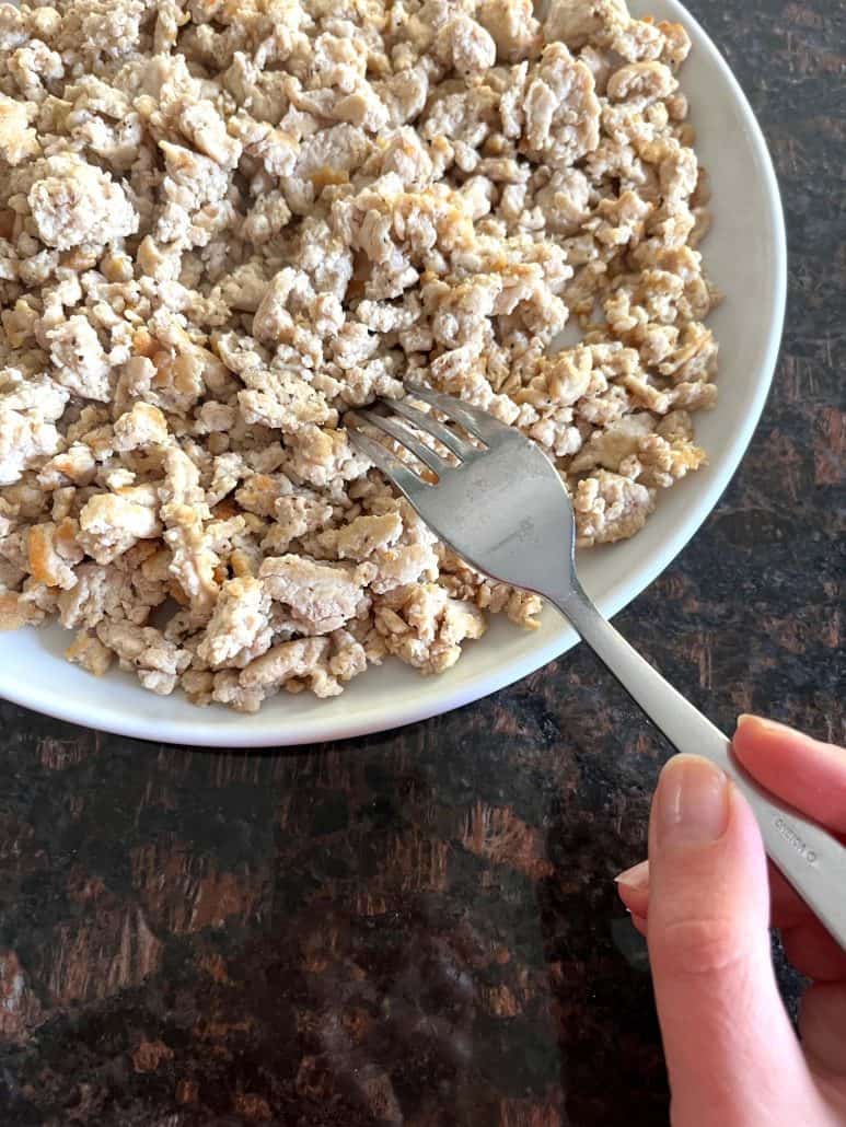 Plate of freshly cooked ground chicken with a fork.