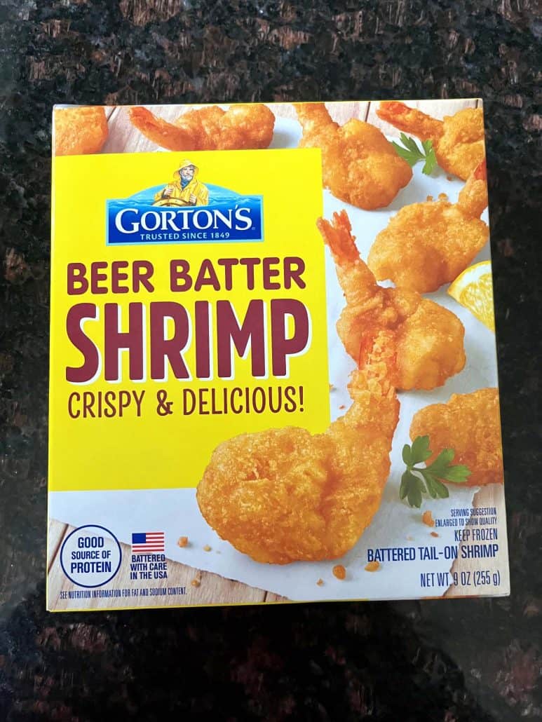 Box of Gorton's Beer Batter Shrimp with bold text reading 'Crispy & Delicious!' and an image of golden shrimp on the packaging, emphasizing their crunchy texture and easy preparation.