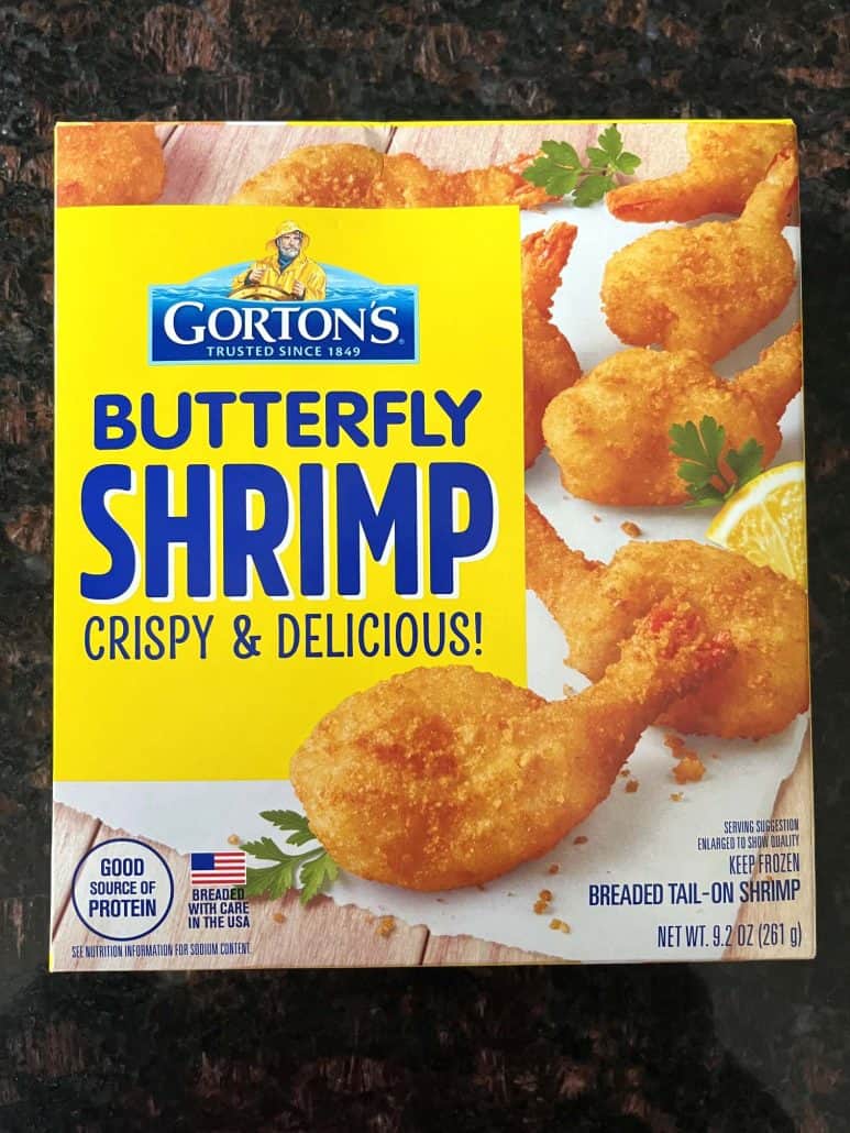 Box of Gorton's Butterfly Shrimp, labeled 'Crispy & Delicious,' used for the air fryer recipe.