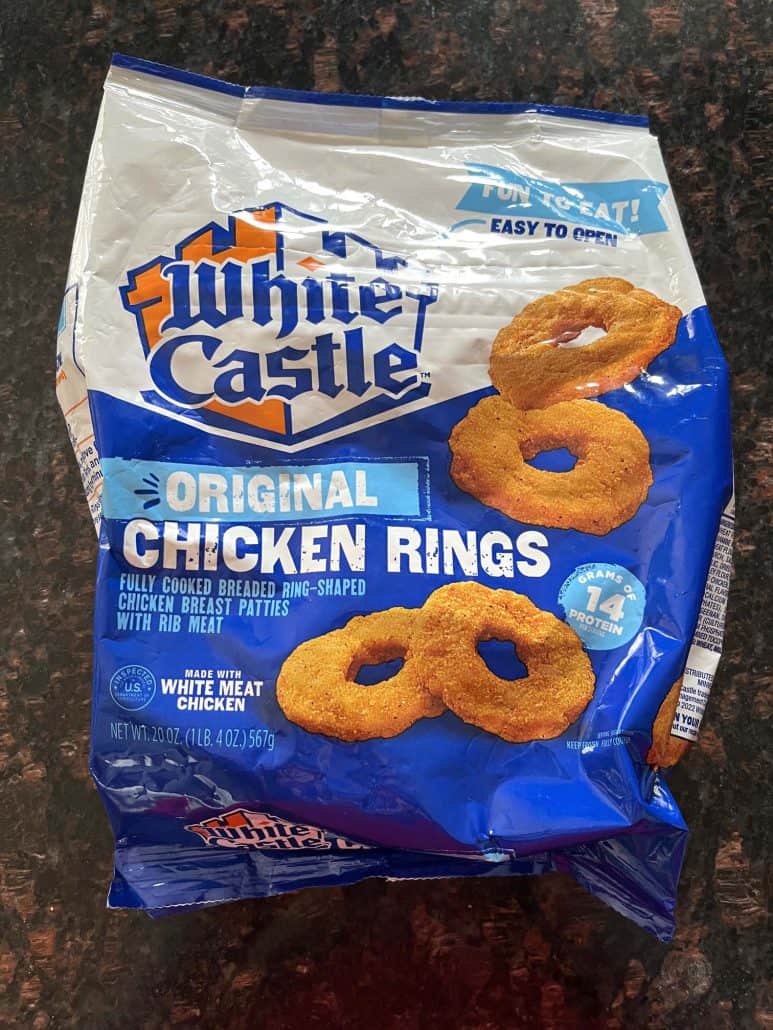 Package of White Castle Original Chicken Rings, ready to be cooked in the air fryer for a quick and crispy snack.