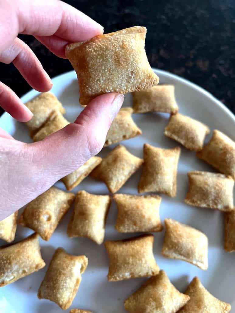 Hand of Melanie Mendelson from melaniecooks.com holding a perfectly crispy Totino's Breakfast Snack Bite with a plate of bites in the background, ready to serve.