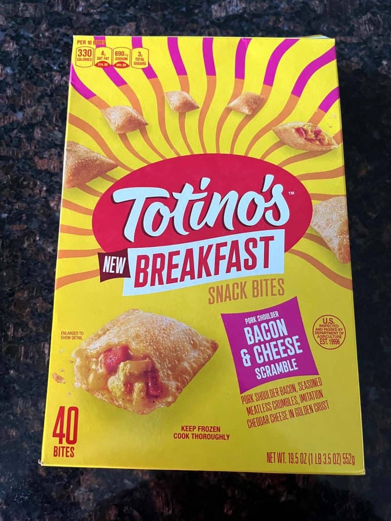 Box of Totino's Breakfast Snack Bites featuring the bacon and cheese scramble flavor.