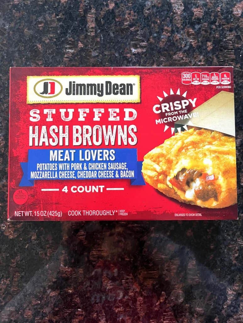 Jimmy Dean Stuffed Hash Browns Meat Lovers flavor packaging.