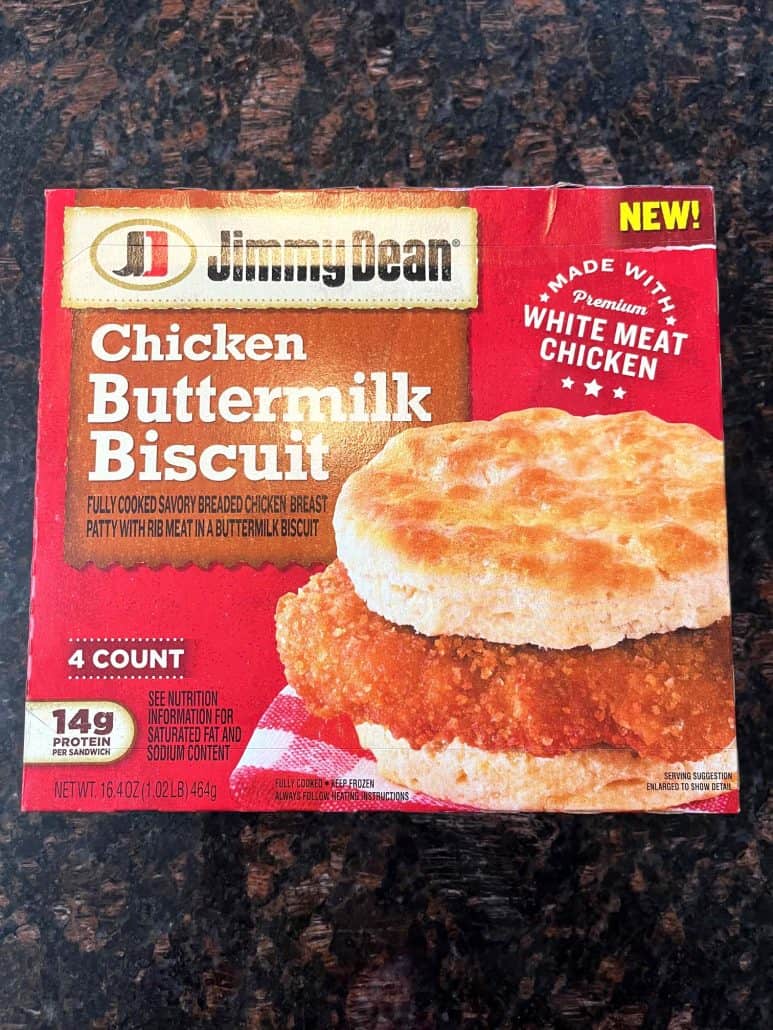 Box of Jimmy Dean Chicken Buttermilk Biscuit Sandwiches, the frozen breakfast sandwich used in this air fryer recipe.