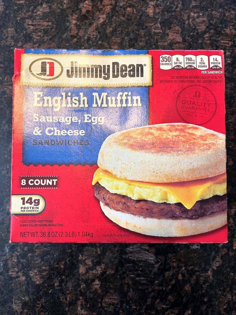 Box of Jimmy Dean English Muffin Sandwiches with sausage, egg, and cheese, perfect for cooking in the air fryer.