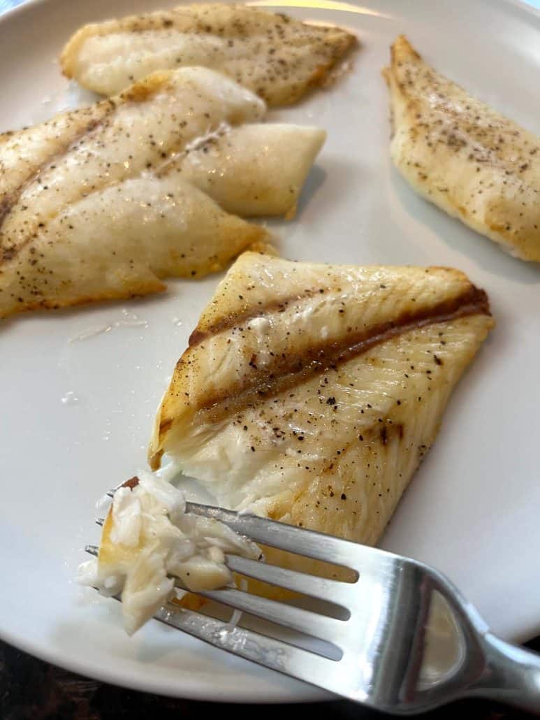 Close-up of perfectly cooked flaky air-fried orange roughy fillet on a plate, with a fork lifting a bite.