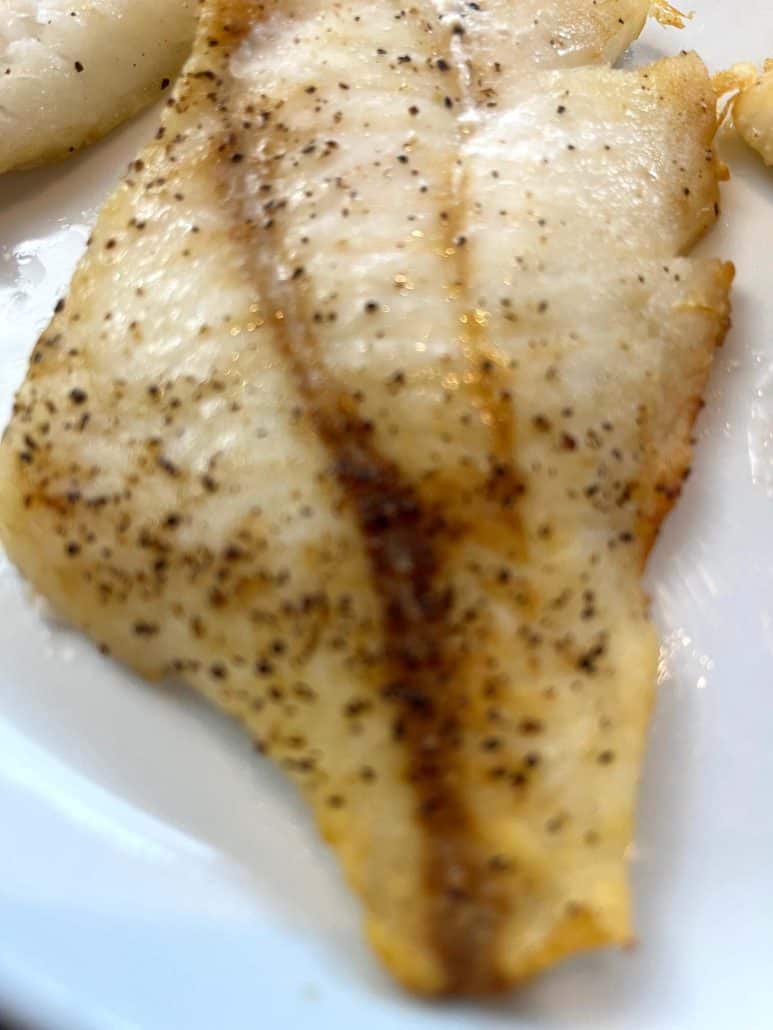 Close-up of air-fried orange roughy fillet, showcasing its golden-brown sear and flaky texture.