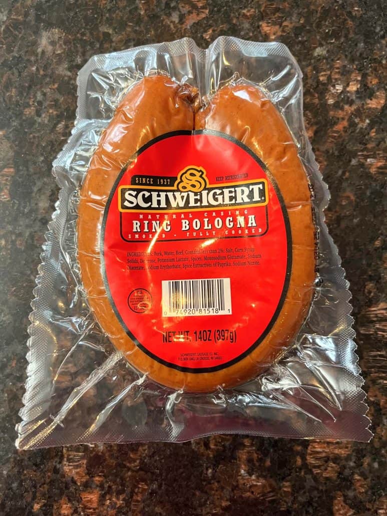 Packaged ring bologna, ready to be sliced and cooked in the air fryer for a quick and flavorful meal.