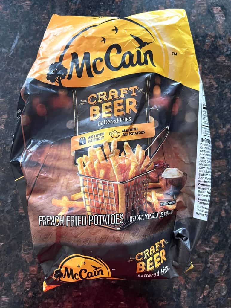 Bag of McCain Craft Beer Battered Fries used for making crispy fries in the Air Fryer McCain Beer Battered Fries recipe.